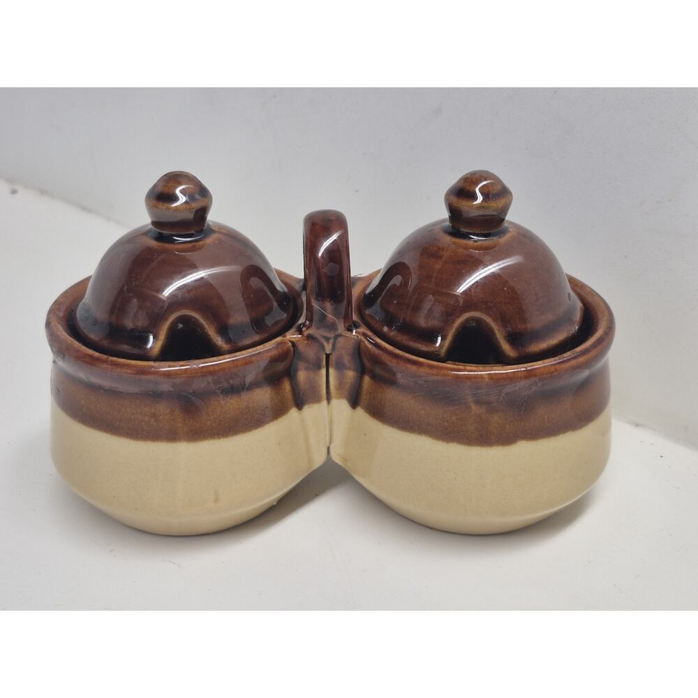Vintage Brown Glazed Stoneware Double Condiment Server with Lids Houston Foods